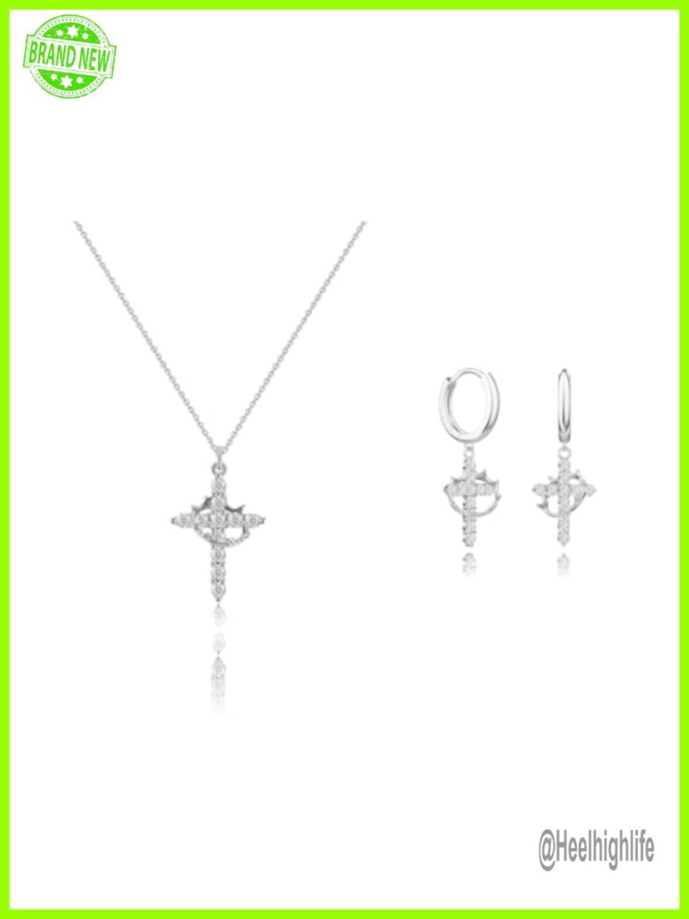 Titanium Steel Crown Cross Necklace Earring Set Cubic Zirconia 18 in